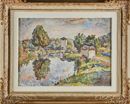 ARATA FRANCESCO (1890 - 1956) Paesaggio con stagno. 1940. Olio su cartone. Cm...