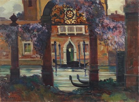 NATALI RENATO (1864 - 1947) Paesaggio veneziano. Olio su tavola. Cm 64,00 x...