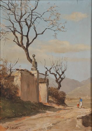 LEIDI PIETRO (1892 - 1930) Paesaggio con figure. . 1932. Olio su tavola. Cm...