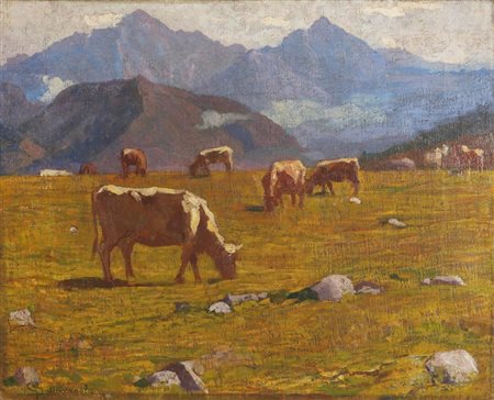 SOTTOCORNOLA GIOVANNI (1855 - 1917) Mucche al pascolo. Olio su tela . Cm...