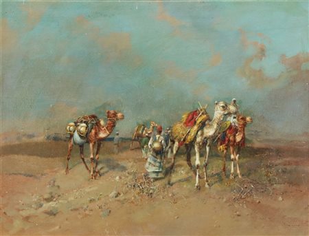 PELLICCIOTTI TITO (1871 - 1950) Carovana. Olio su tavola. Cm 48,00 x 39,00....