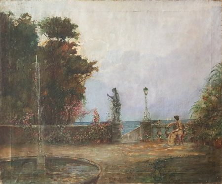 FRIGERIO LUIGI (1873 - 1936) Paesaggio con figura in giardino. Olio su tela ....