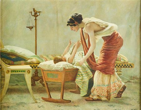 ZOCCHI GUGLIELMO (n. 1874) Donna con bambino. Olio su tela . Cm 69,00 x...