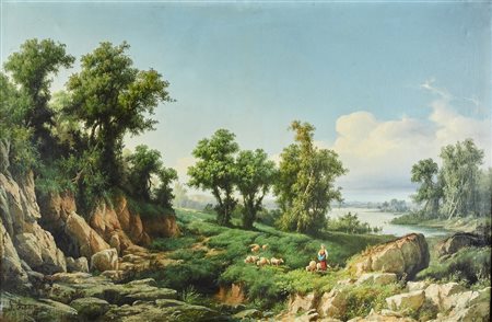 FALCHETTI GIUSEPPE (1843 - 1918) Paesaggio con figure. 1899. Olio su tela ....