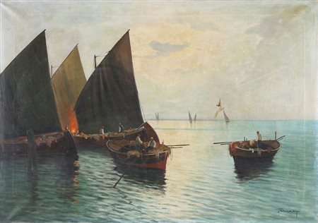 FORLENZA EDUARDO (1861 - 1934) Barche e pescatori. Olio su tela . Cm 100,00 x...