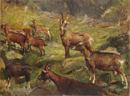 CAVALLERI VITTORIO (1860 - 1938) Stambecchi. . Olio su cartone pressato. Cm...