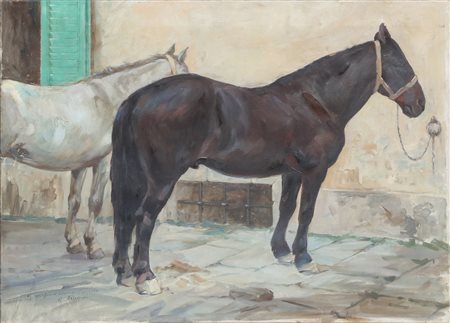 PANERAI RUGGERO (1862 - 1923) Cavalli in scuderia. Olio su tela . Cm 70,00 x...