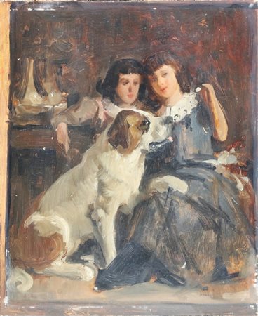 GROSSO GIACOMO (1860 - 1938) Attribuito a. Bimbe con cane. . Olio su...