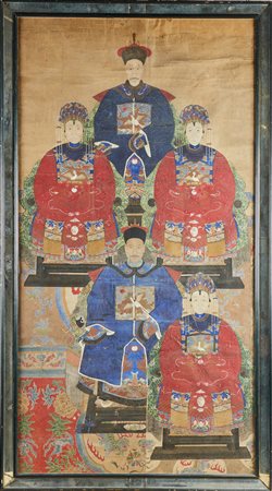 Arte Cinese Grande ritratto di due ufficiali mandarini con mogli Cina,...