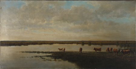 PISANO GIOVANNI (1875 - 1954) Dopo il pascolo. Olio su tela . Cm 85,00 x...