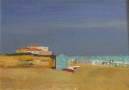 MAGAZZINI SALVATORE PISTOIA 1955 MARINA TOSCANA OLIO SU TAVOLA cm 50 x 70...