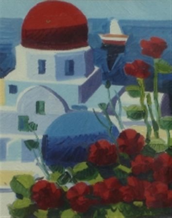 FACCINCANI ATHOS PESCHIERA 1951 CUPOLE ROSSE E BLU A SANTORINI OLIO SU TELA...