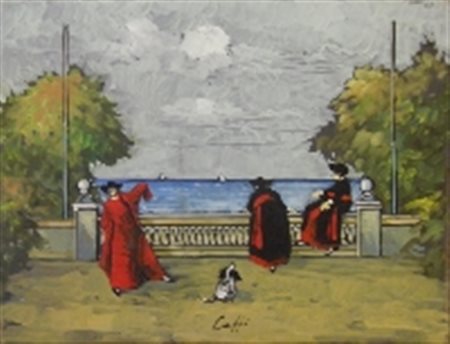 CAFFE' NINO ALFEDENA 1909 PESARO 1975 BALCONATA SUL MARE, 1969 OLIO SU TAVOLA...