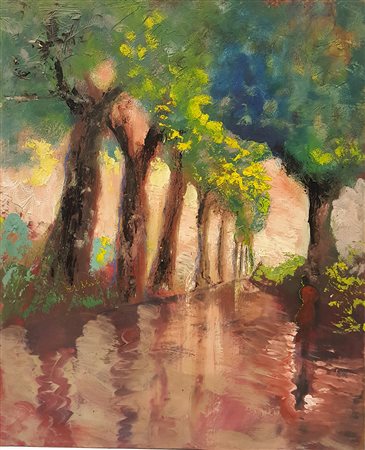 Carlo Pusateri, "Viale alberato", olio su tavola cm 60x50