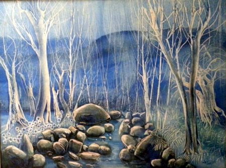 Pierangelo Piazzo, "Bosco fantastico", olio su tela cm 60x80, firma in basso...