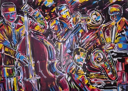 Massimo Costantini, "Concerto jazz", acrilici su tela cm 50x70, firma, titolo...