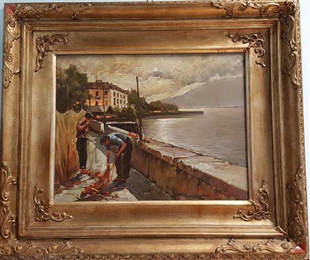 Riccardo Colucci, "Rammendo delle reti", olio su tavola cm 35x45, firma in...