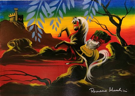 Romano Mussolini, "Lo stallone nero", olio su tela cm 70x50, firma in basso a...