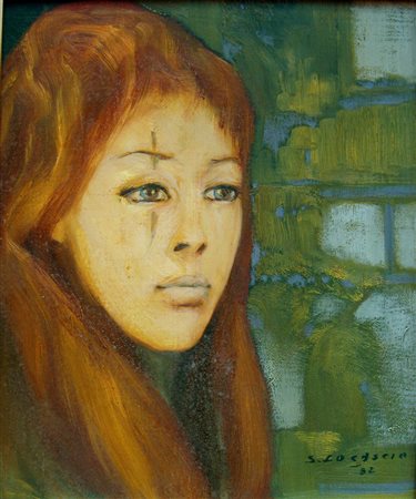 Sandro Lo Cascio, "Volto pensieroso", 1982, olio su tavola cm 35x25, firma e...