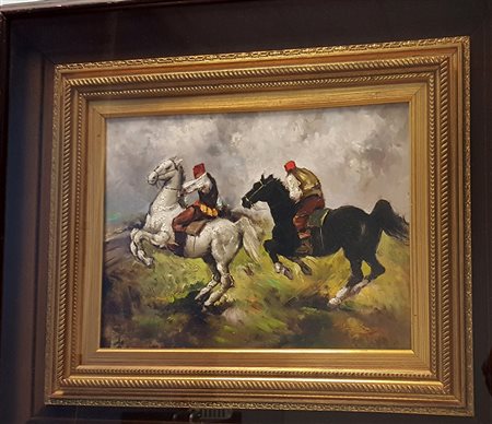 Anonimo con firma indecifrata "Cavalieri Ellenici", olio su tela cm 40x30,...