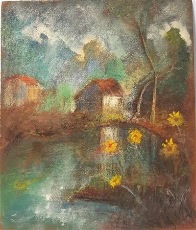 Carlo Pusateri, "Casa vicino al lago", 1957, olio su masonite cm 50x60, firma...
