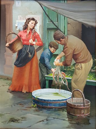 Federico Alfano, "Mercato del pesce", olio su tela cm 40x30, firma in basso a...
