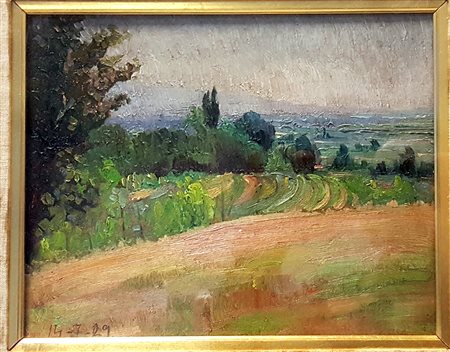 Camillo Rho, "San Damiano", 1929, olio su tavola cm 25x30, anno in basso a...