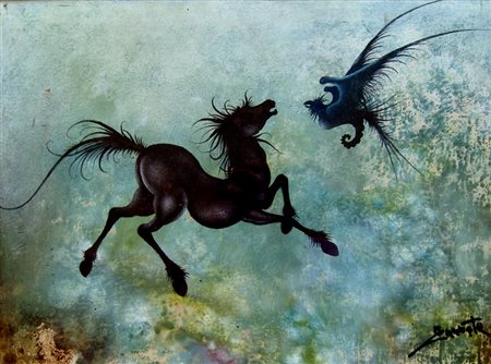Antonio Cannata, "Cavalli fantastici", olio su tavola cm 35x25