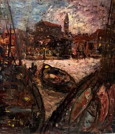 Carlo Pusateri, "Città portuale", olio su tavola cm 79,5x68