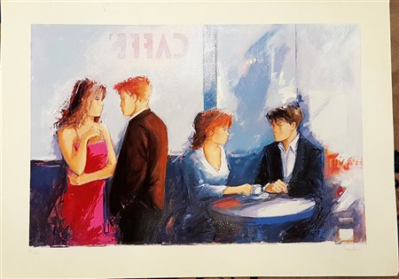 Giuliano Trombini, "Al caffè", serigrafia su cartoncino cm 50x70, firma in...