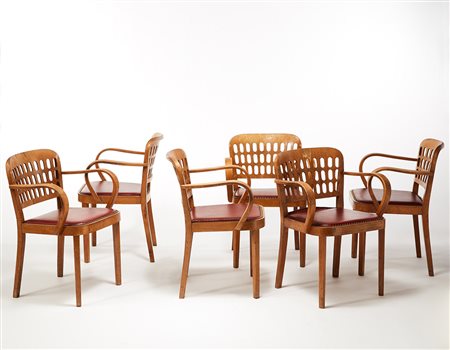 Gruppo di sei poltroncine da ufficio in legno di faggio massello con...