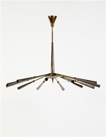 Lampada a sospensione a dodici luci in tubolare di ottone brunito con finali...