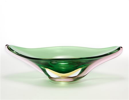 Seguso Centrotavola a foglia in vetro sommerso incolore, ametista...