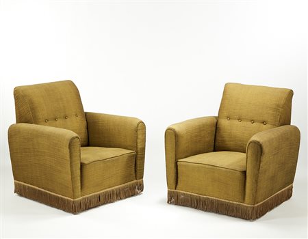 Coppia di poltrone imbottite e rivestite in tessuto giallo-verde. Struttura...