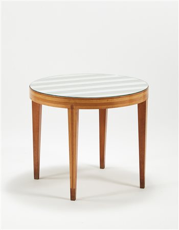 Tavolino impiallacciato e bordato in faggio e betulla, piano intarsiato a...