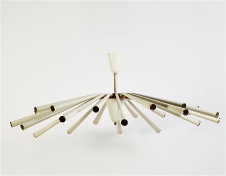 Stilnovo (attribuito) Lampada a sospensione a dodici braccia in tubolare di...