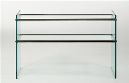 Brusotti (attribuito) Consolle a due ripiani in cristallo verdino molato di...