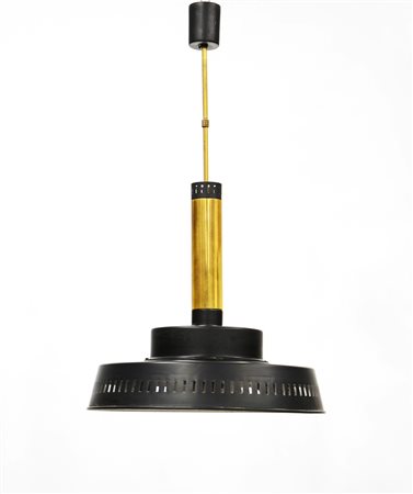 Lampada a sospensione di forma circolare in metallo verniciato nero e dorato....