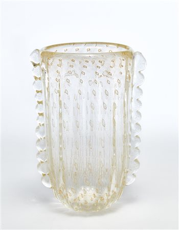 Toso Vaso costolato a morise in vetro incolore con inclusione di bolle e...