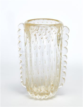 Toso Vaso costolato a morise in vetro incolore con inclusione di bolle e...