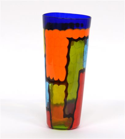 Manifattura di Murano. Vaso troncoconico a murrine gialle, rosse, arancione,...