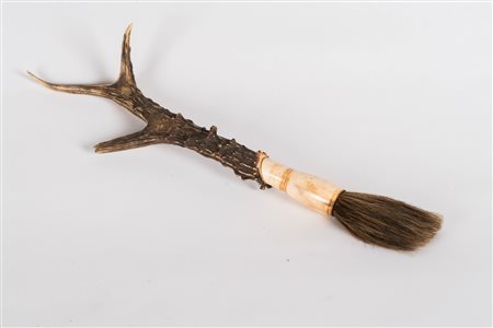 Arte Cinese Grande pennello da calligrafia con manico in corno di cervo ed...