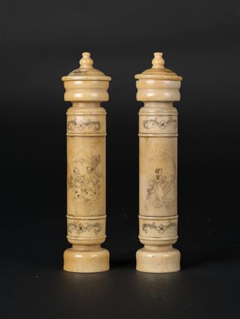 Arte Cinese Coppia di contenitori cilindrici in osso pirografato Cina,...