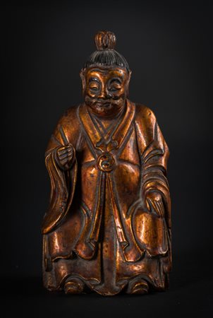 Arte Cinese Figura devozionale in legno dorato raffigurante un personaggio...