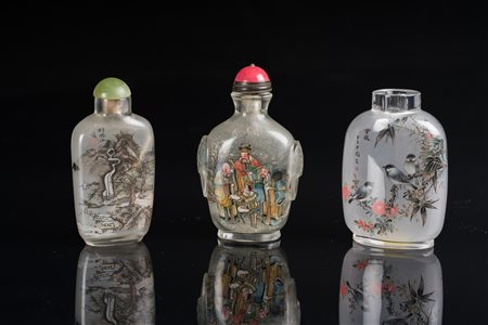 Arte Cinese Tre tabacchiere in vetro dipinto internamente Cina, XIX secolo ....