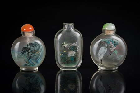 Arte Cinese Tre tabacchiere in vetro dipinto internamente Cina, XIX secolo ....