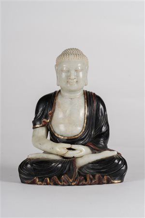 Arte Cinese Buddha in legno con inserti in pietra saponaria Cina, dinastia...