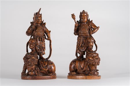 Arte Cinese Coppia di sculture in legno di bamboo raffiguranti guerrieri su...