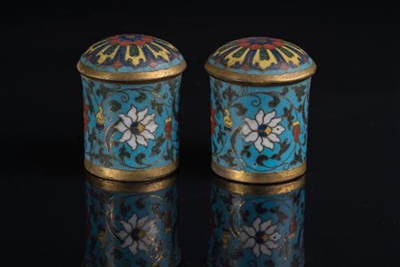 Arte Cinese Coppia di finali di bastone porta pittura in cloisonné Cina,...