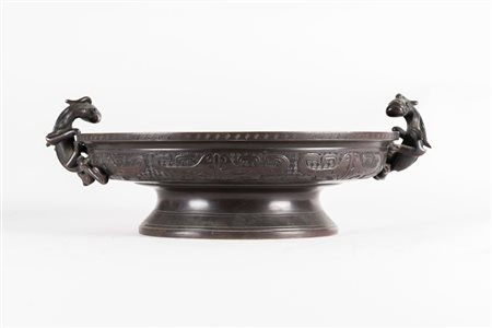 Arte Cinese Grande incensiere in bronzo con manici a chilong ed inciso con...